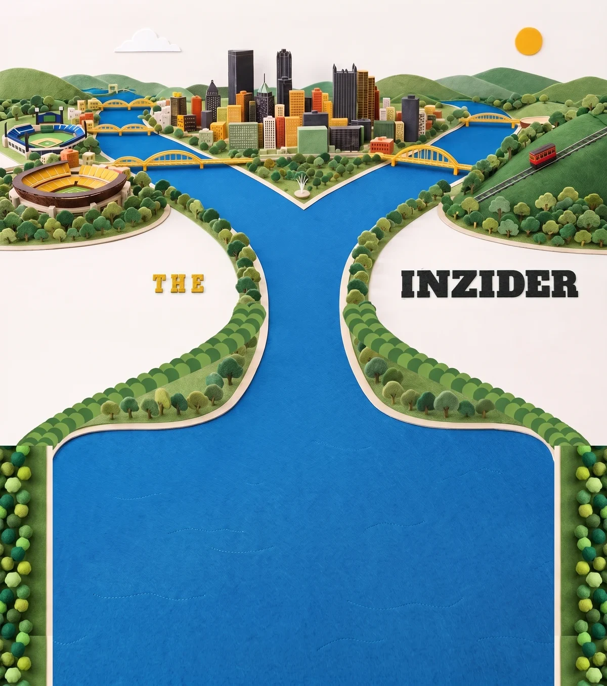 The Yinzider felt header. The Allegheny and Monongahela meet at the Point to form the Y, with PNC Park and Acrisure Stadium on the North Shore and the Duquesne Incline on Mount Washington.